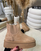 Mindi Suede Faux Fur Lined Platform Ankle Boots - Taupe